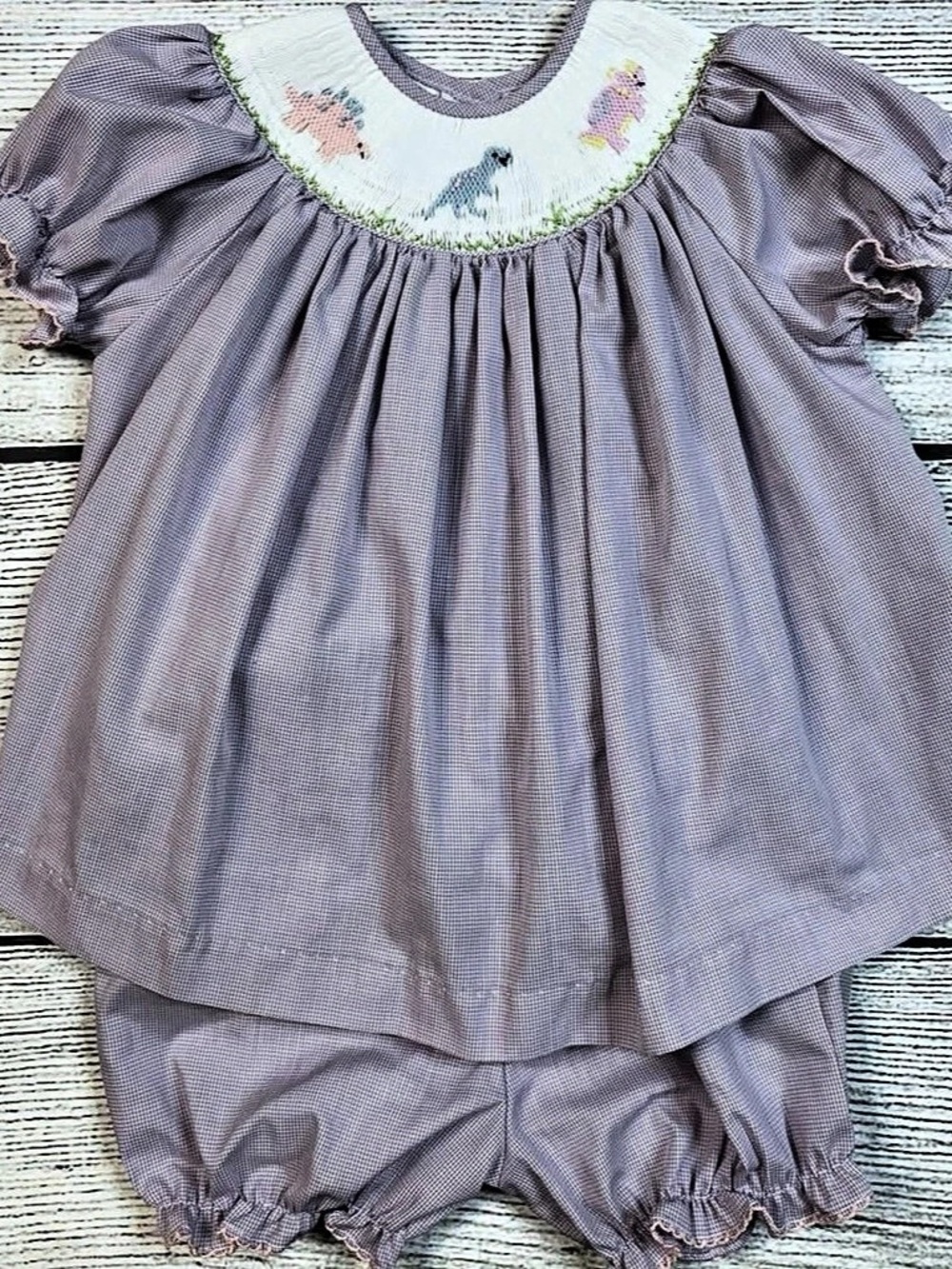 The Ruth and Ralph  Smocked Dino Party Lavender Gingham Bloomer Set